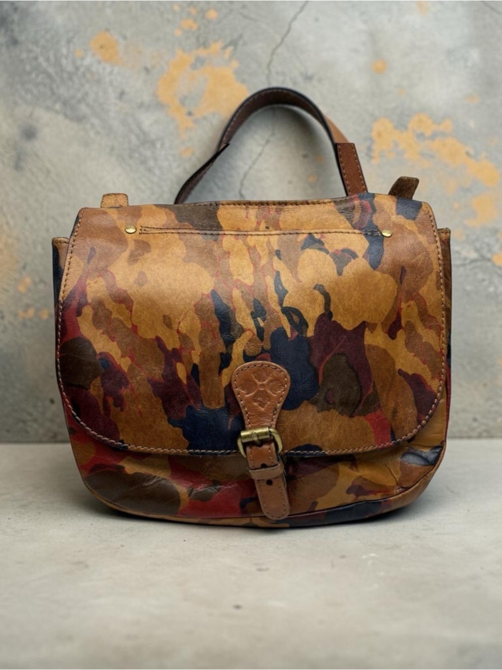 Patricia Nash Salerno Saddle Bag Parisian Camo Italian Leather Crossbody Purse